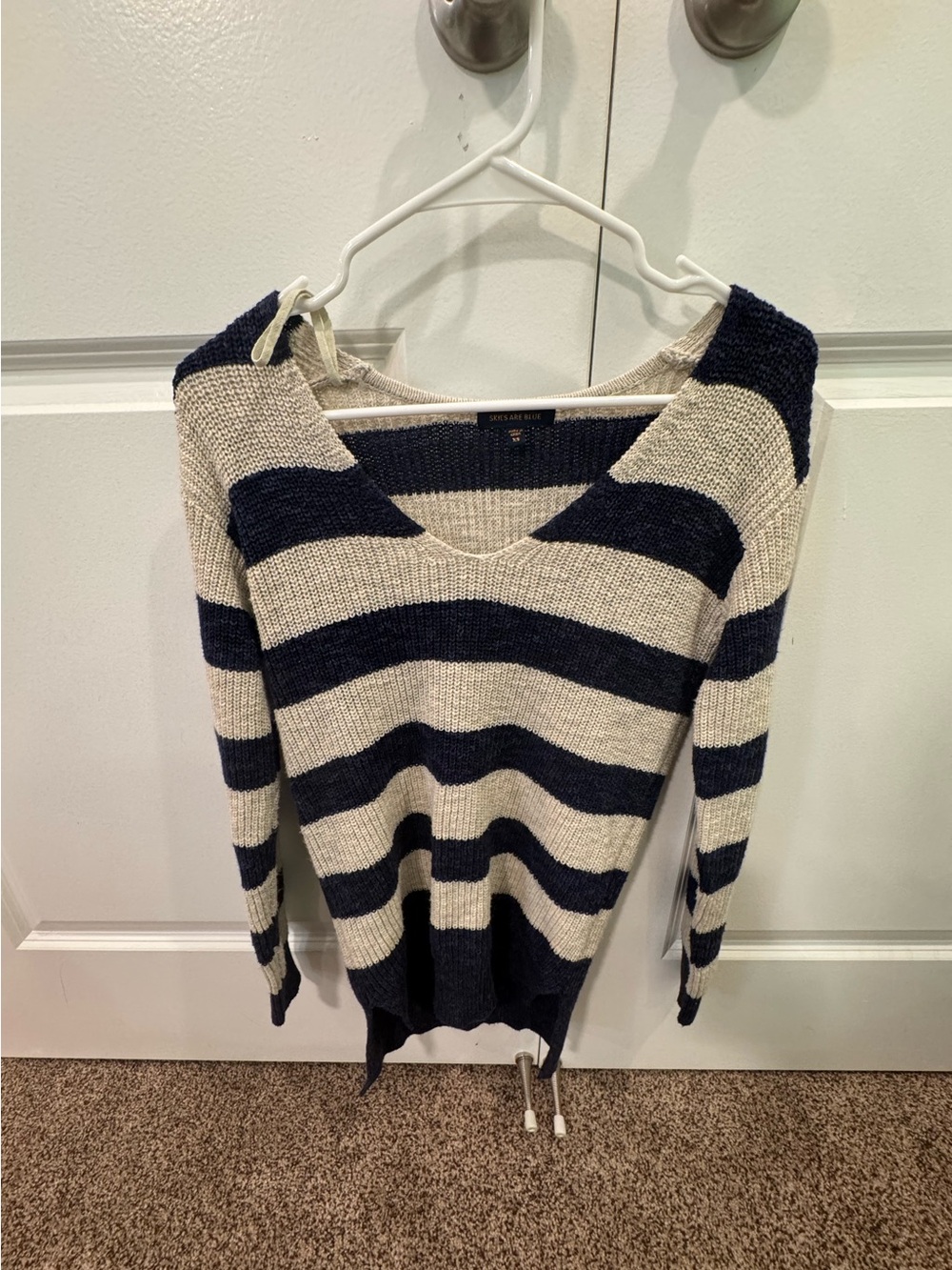 Skies Are Blue Navy and Cream Striped V-Neck Sweater